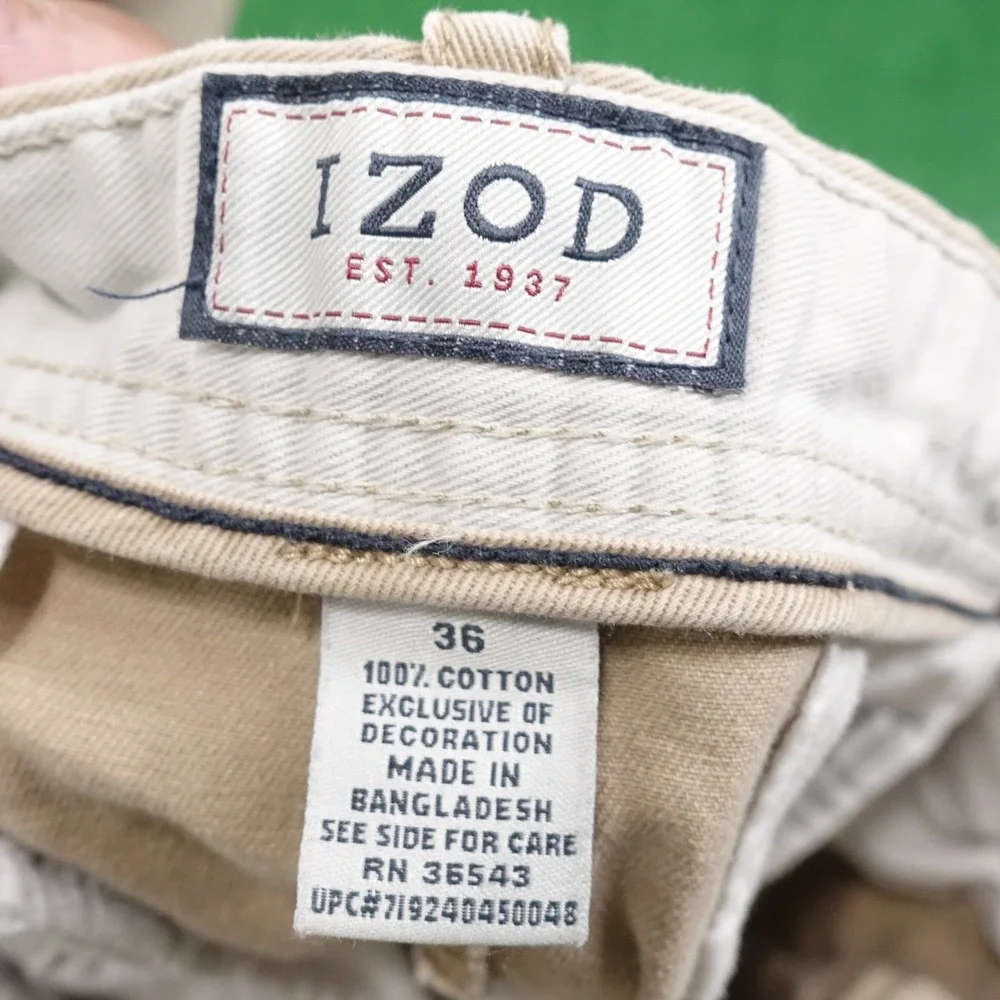 Izod Shorts Mens 36 Khaki Beige Casual Chino Flat Front Golf Classic Pockets -35